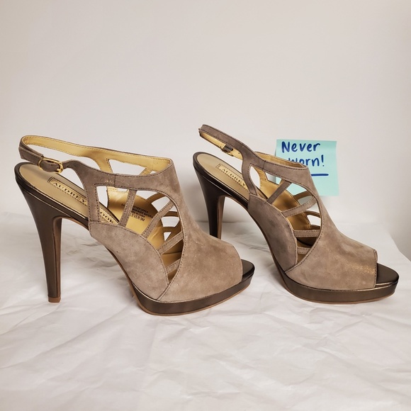 Audrey Brooke Shoes - NEW taupe Clever 9 stiletto heels Audrey Brooke cutout open toe nude neutral tan